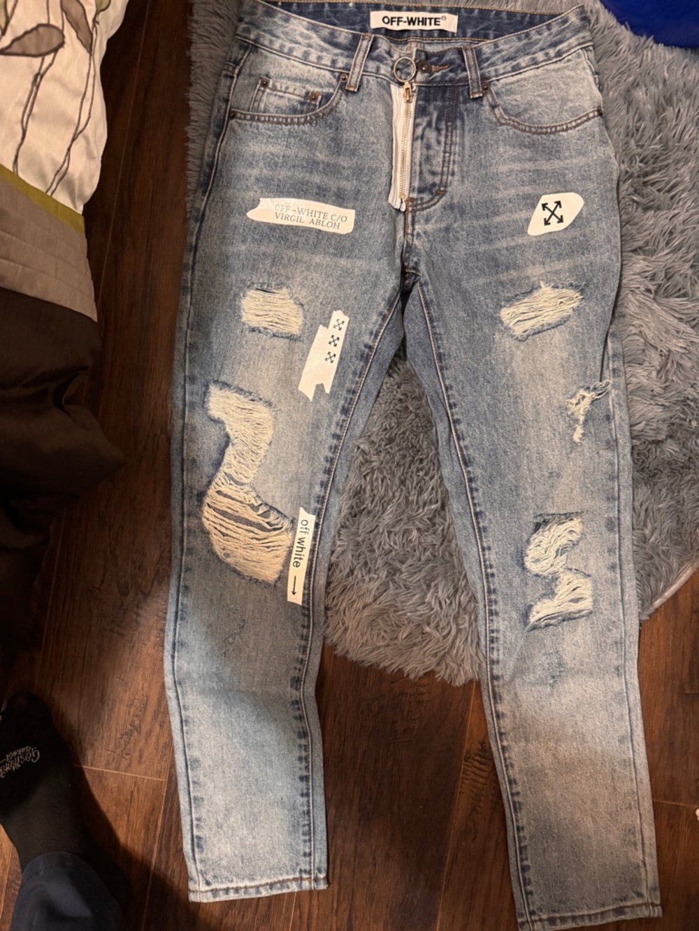 Off-White Light Blue Distressed Skinny Jeans with White Logo Patches